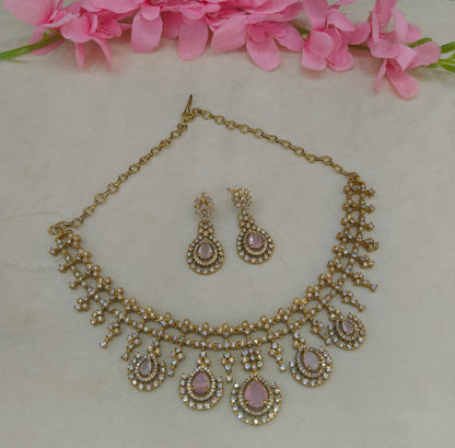 Antique Gold Pink  Cz Necklace Jewellery Pvita Set