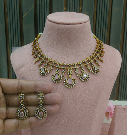 Antique Gold Pink  Cz Necklace Jewellery Pvita Set