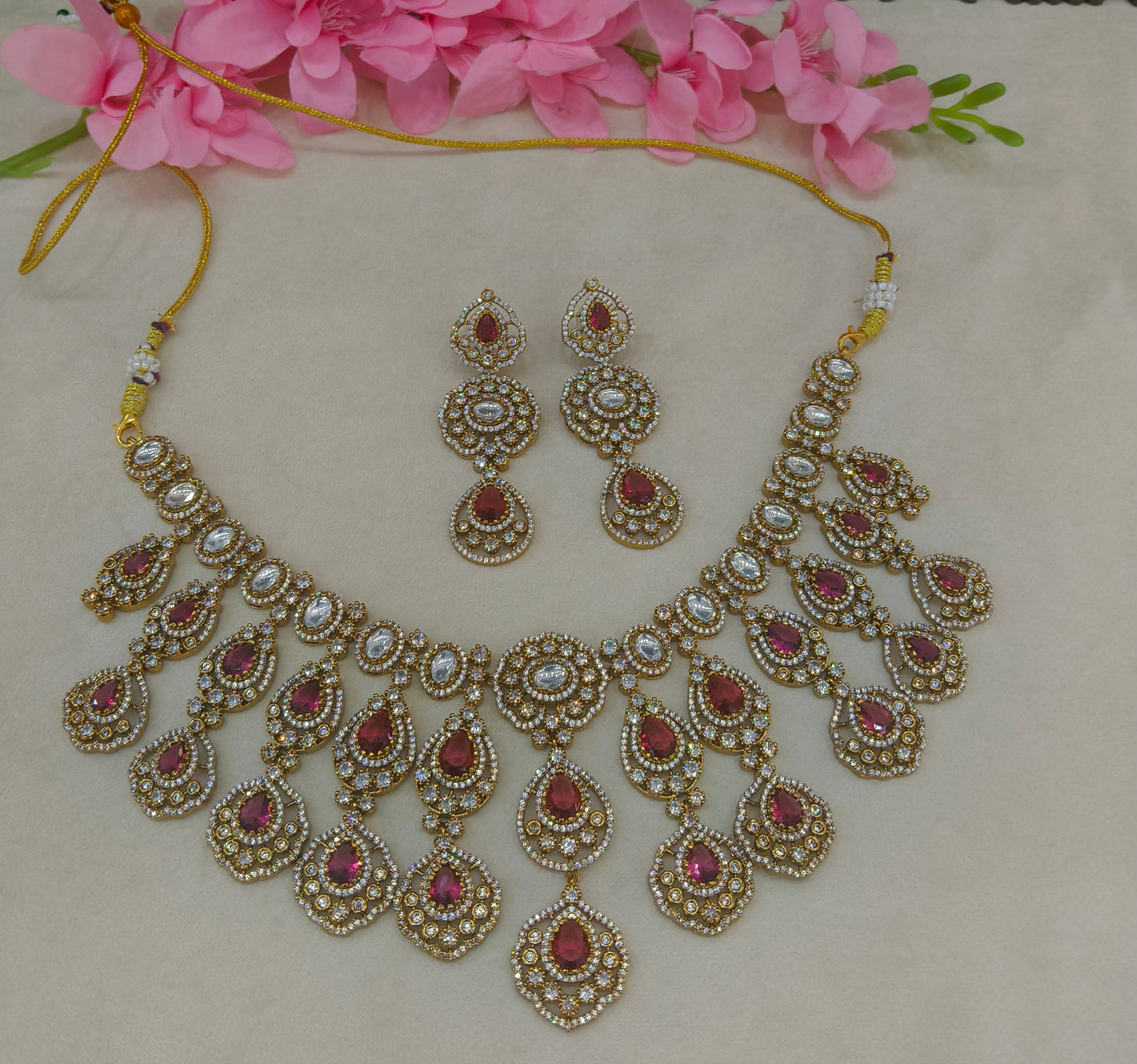 Antique Gold Ruby Moissanite Kundan  Cz Necklace Jewellery Pvita Set