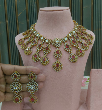 Antique Gold Ruby Moissanite Kundan  Cz Necklace Jewellery Pvita Set