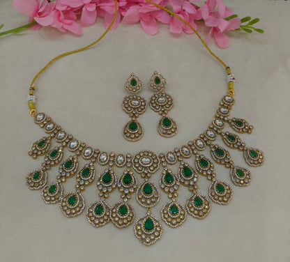 Antique Gold Green Moissanite Kundan  Cz Necklace Jewellery Pvita Set