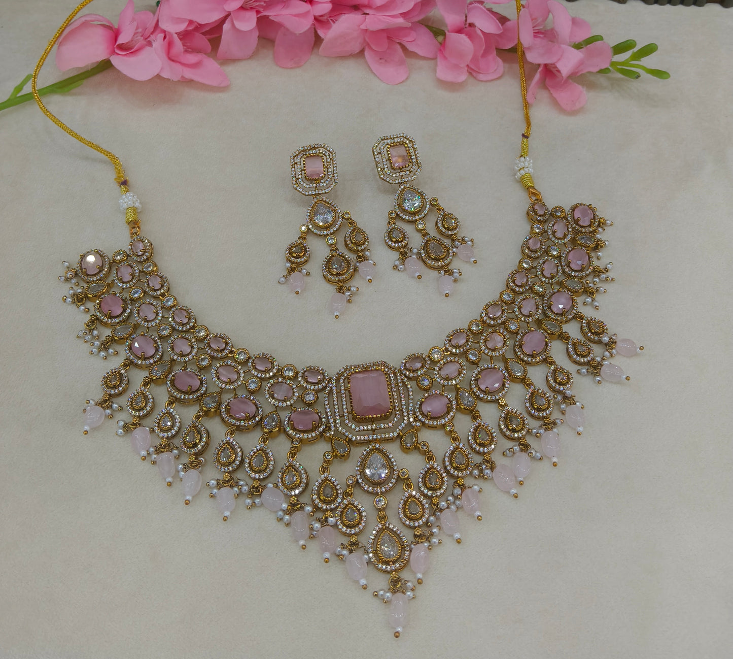 Antique Gold Pink  Cz Necklace Jewellery Pvita Set