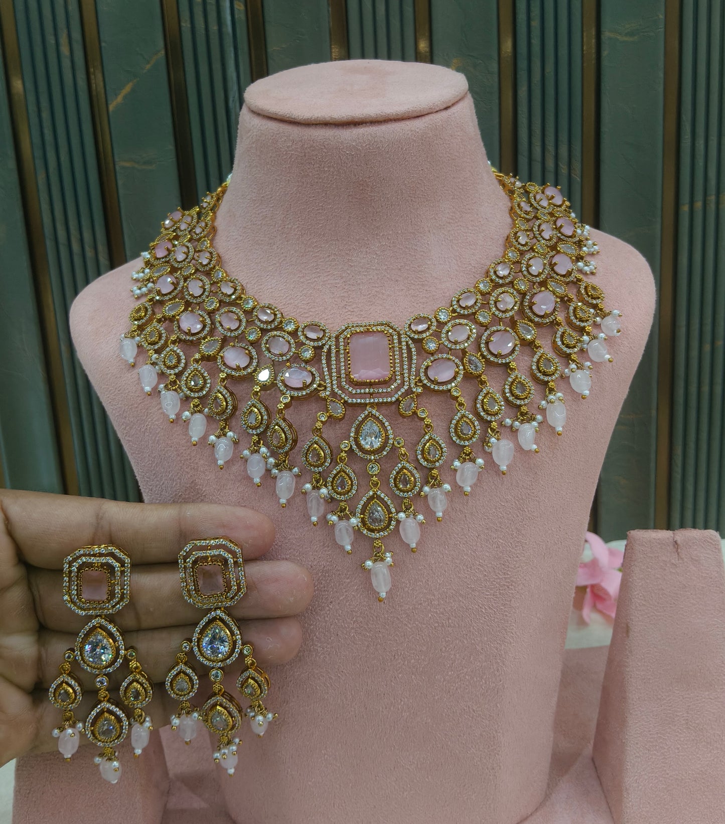 Antique Gold Pink  Cz Necklace Jewellery Pvita Set