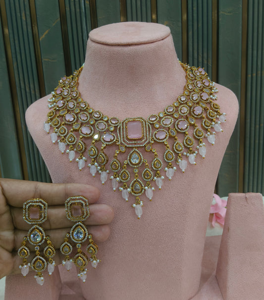Antique Gold Pink  Cz Necklace Jewellery Pvita Set