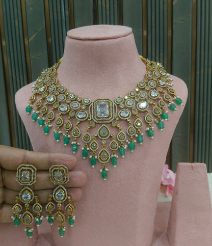 Antique Gold Mint With White stone  Cz Necklace Jewellery Pvita Set