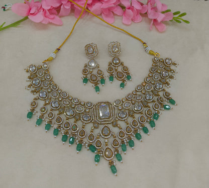 Antique Gold Mint With White stone  Cz Necklace Jewellery Pvita Set