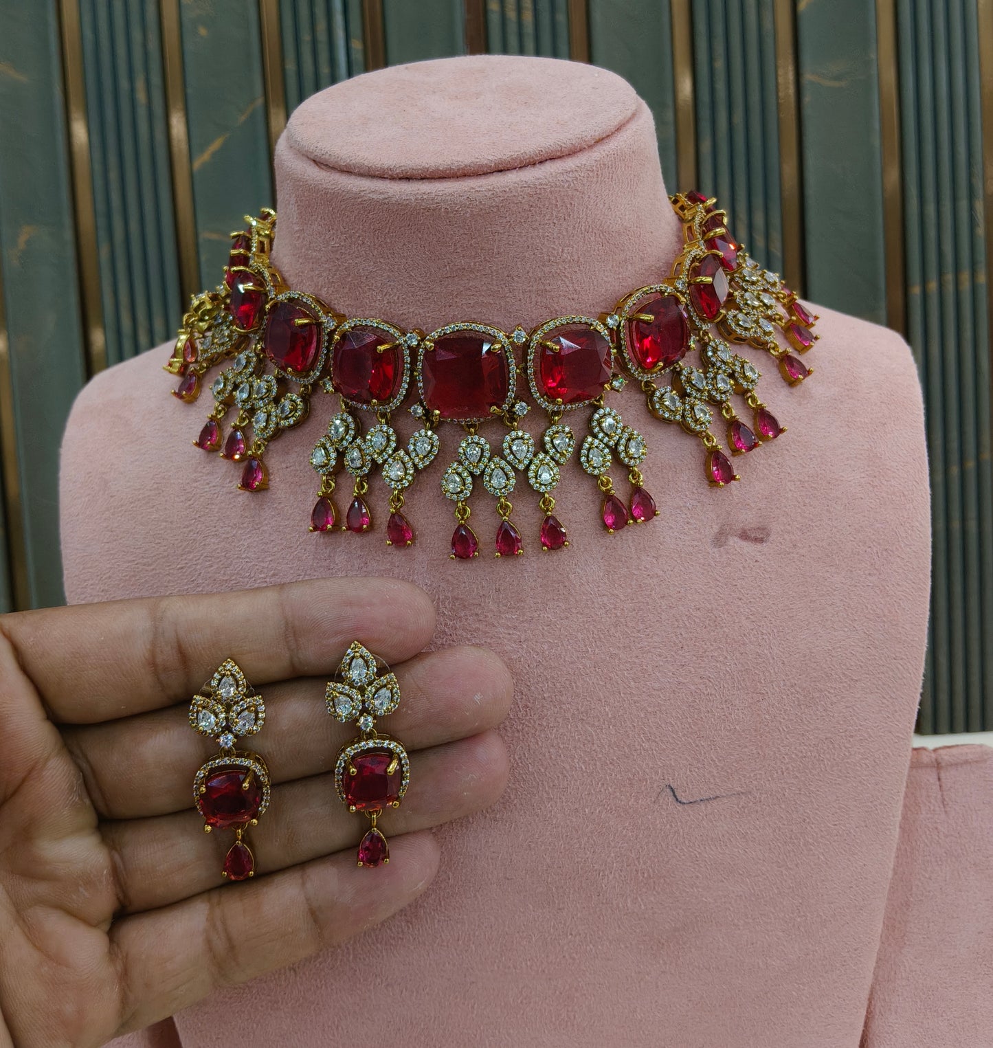 Antique Ruby CZ Stone Choker Jewellery Orika Set