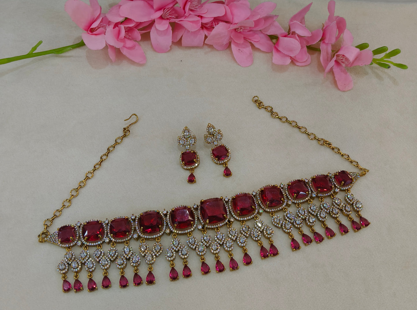 Antique Ruby CZ Stone Choker Jewellery Orika Set