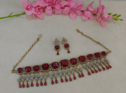 Antique Ruby CZ Stone Choker Jewellery Orika Set