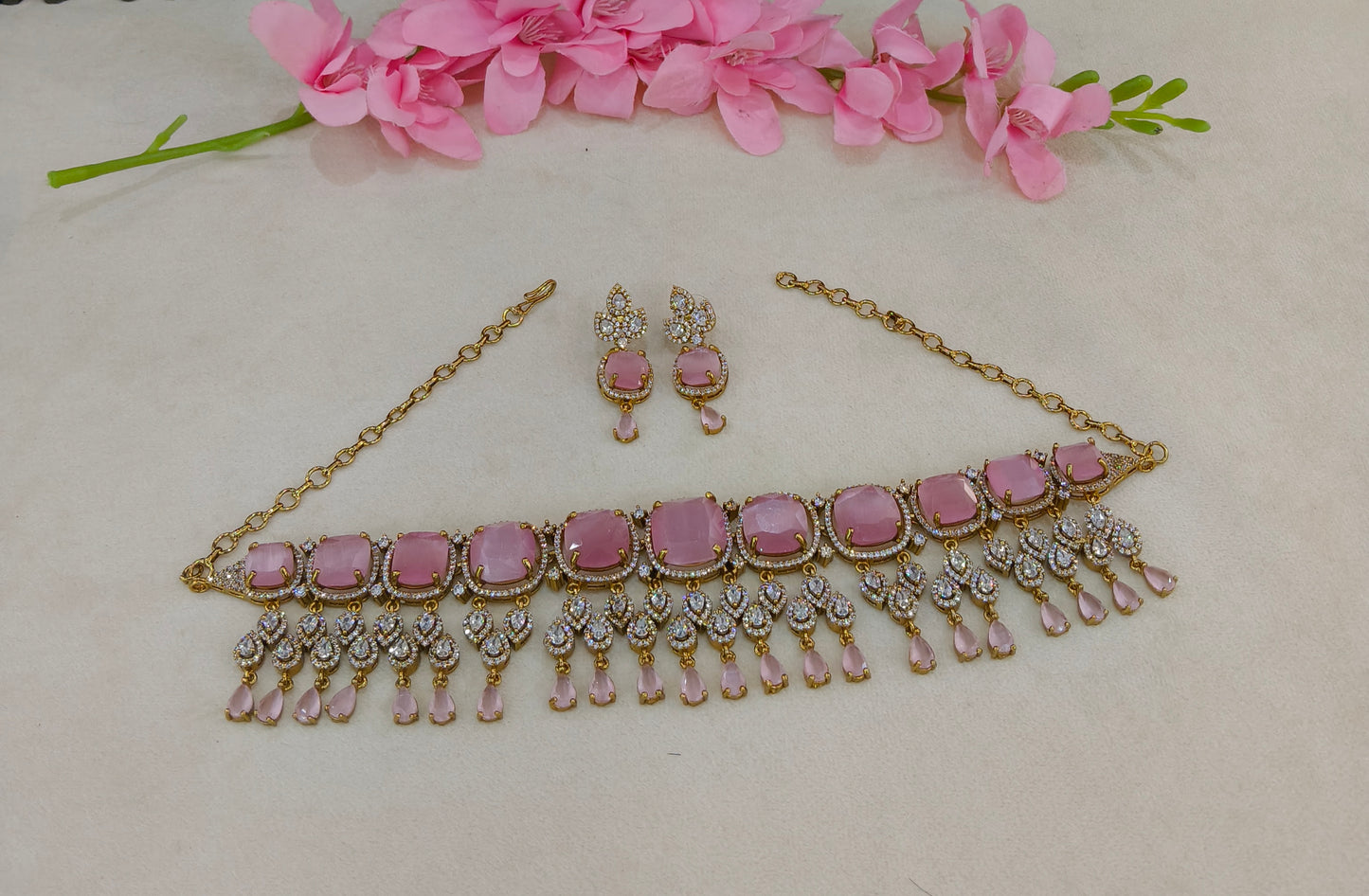 Antique Pink CZ Stone Choker Jewellery Orika Set