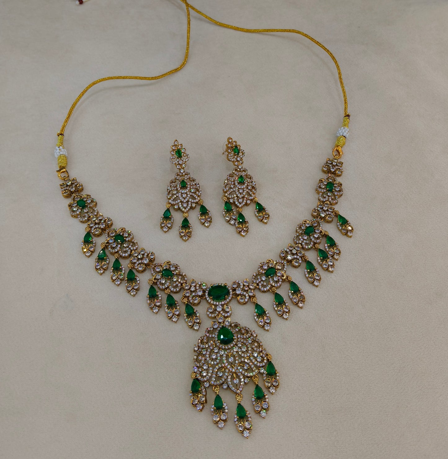 Antique Gold Green Cz Necklace Jewellery Tyra Set