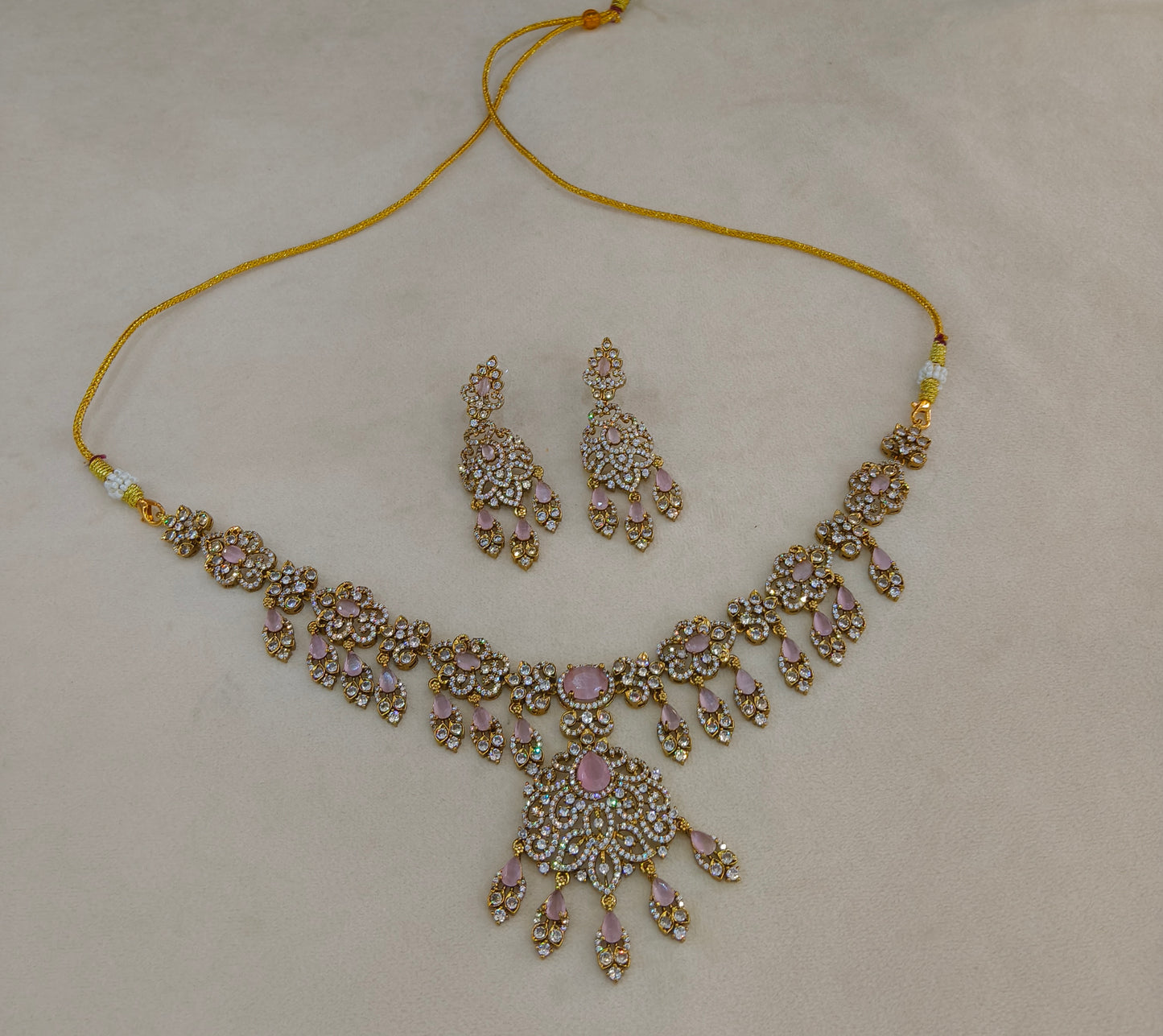 Antique Gold Pink Cz Necklace Jewellery Tyra Set