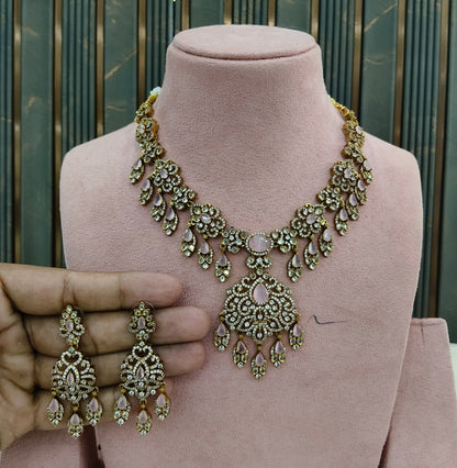 Antique Gold Pink Cz Necklace Jewellery Tyra Set