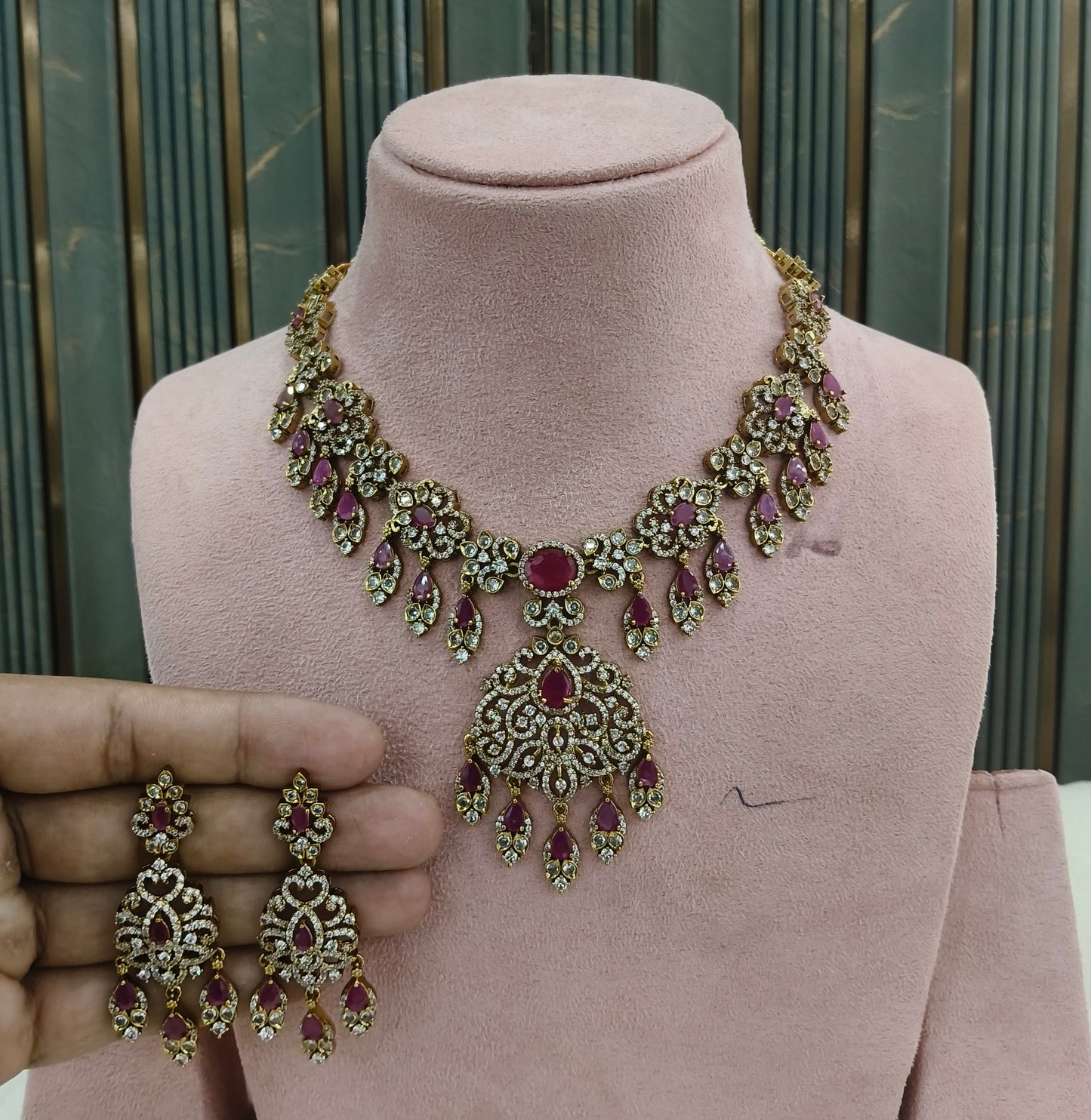 Antique Gold Majenta Cz Necklace Jewellery Tyra Set