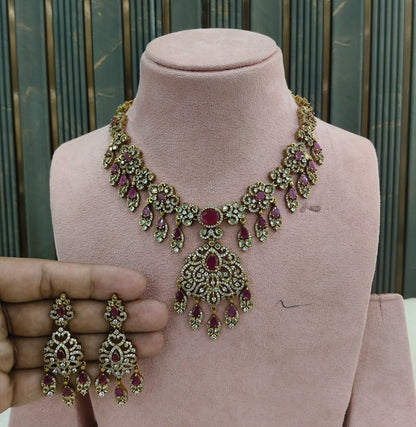 Antique Gold Majenta Cz Necklace Jewellery Tyra Set