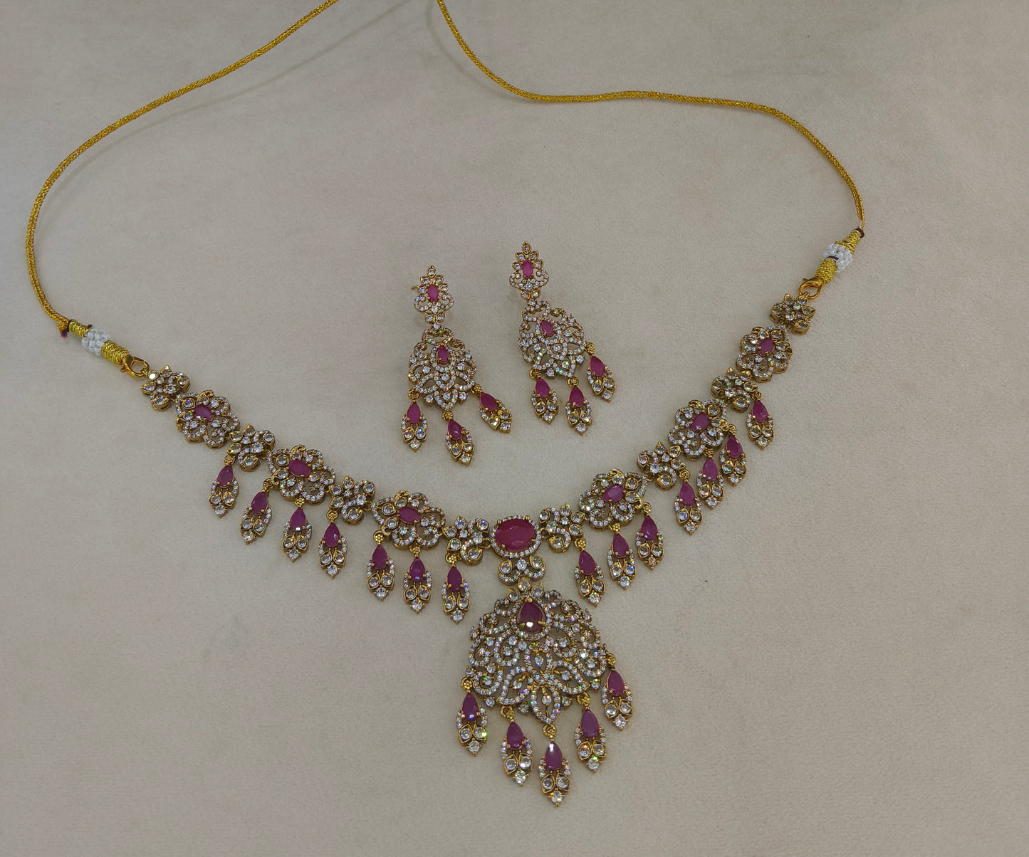 Antique Gold Majenta Cz Necklace Jewellery Tyra Set