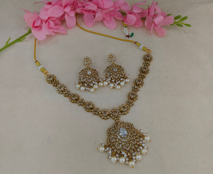 Antique Gold White Cz Necklace Jewellery Beth Set