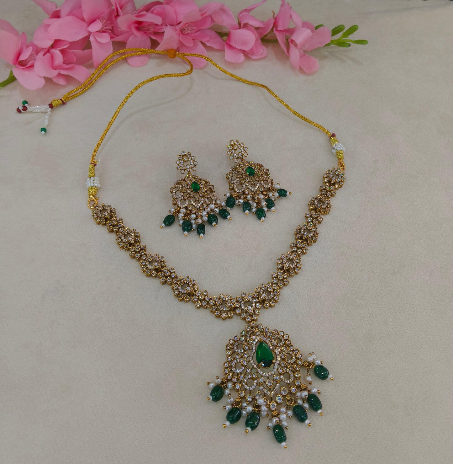 Antique Gold Green Cz Necklace Jewellery Beth Set