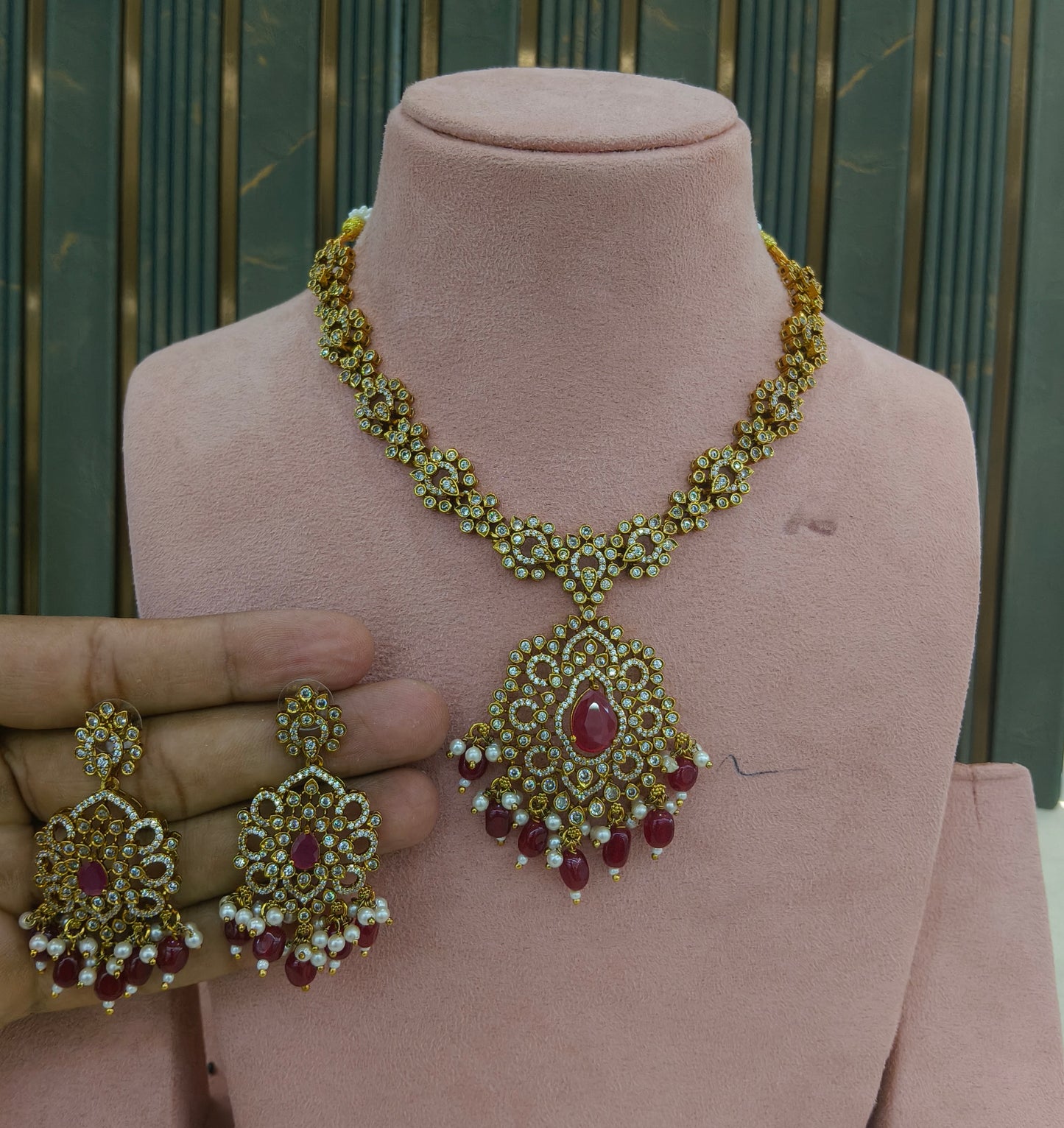 Antique Gold Ruby Cz Necklace Jewellery Beth Set