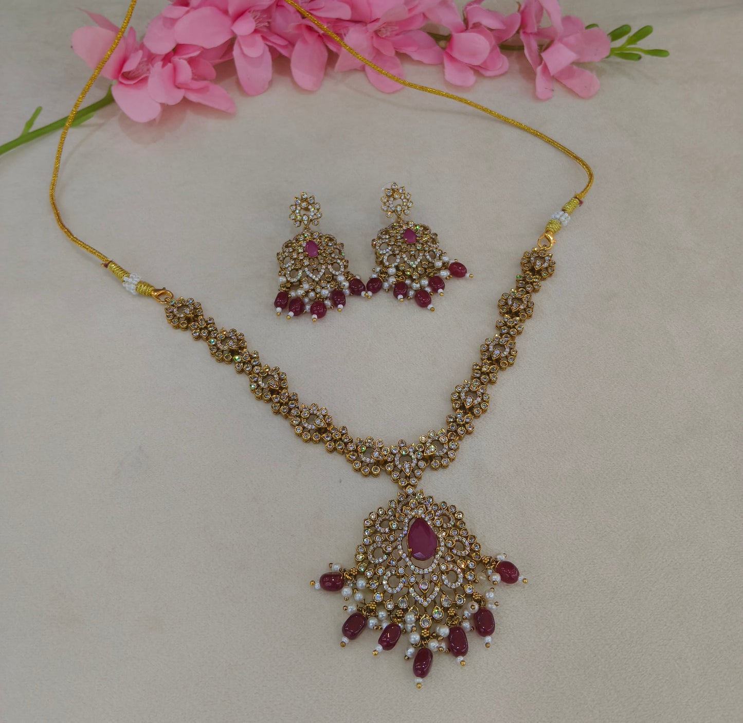 Antique Gold Ruby Cz Necklace Jewellery Beth Set