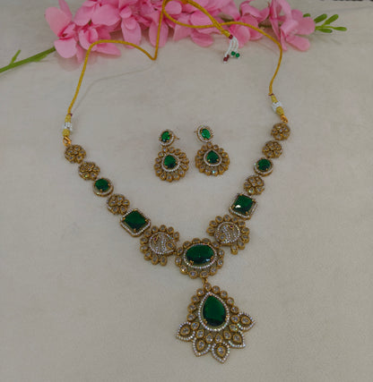 Antique Gold Green Cz Necklace Jewellery Usha Set