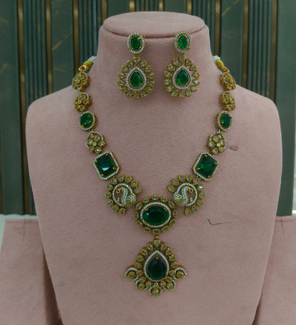 Antique Gold Green Cz Necklace Jewellery Usha Set