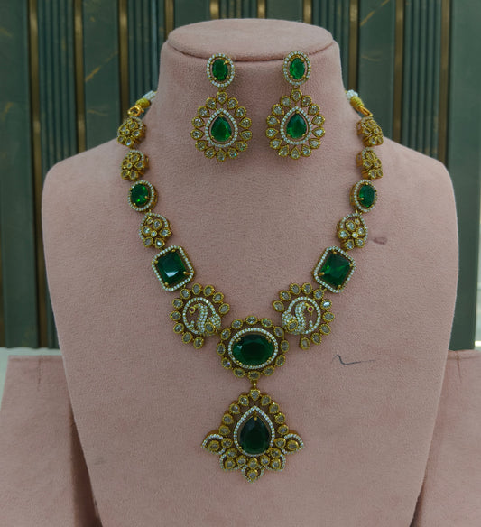 Antique Gold Green Cz Necklace Jewellery Usha Set