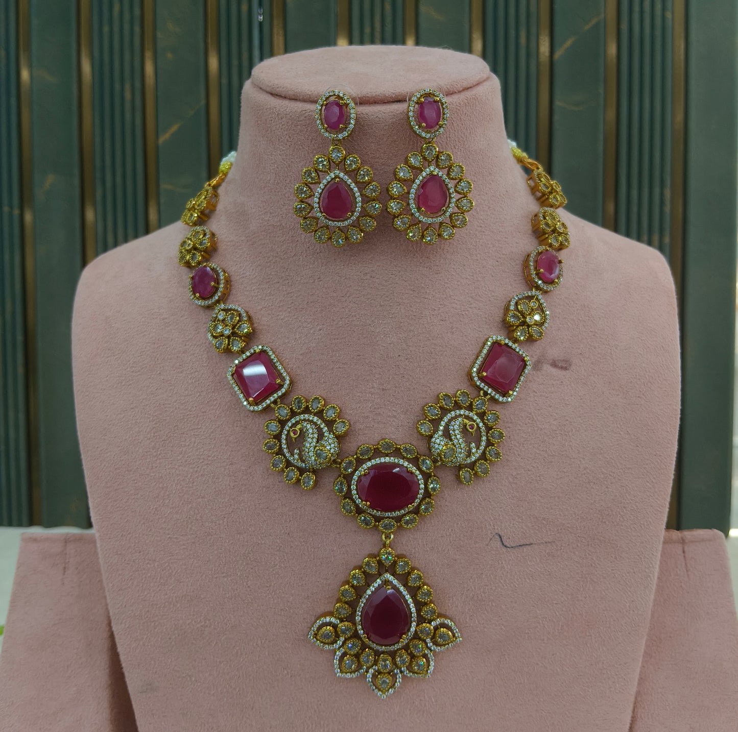 Antique Gold Ruby Cz Necklace Jewellery Usha Set