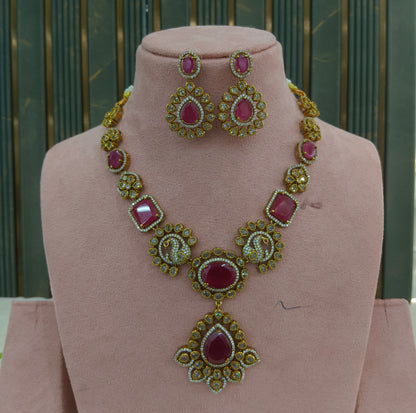 Antique Gold Ruby Cz Necklace Jewellery Usha Set
