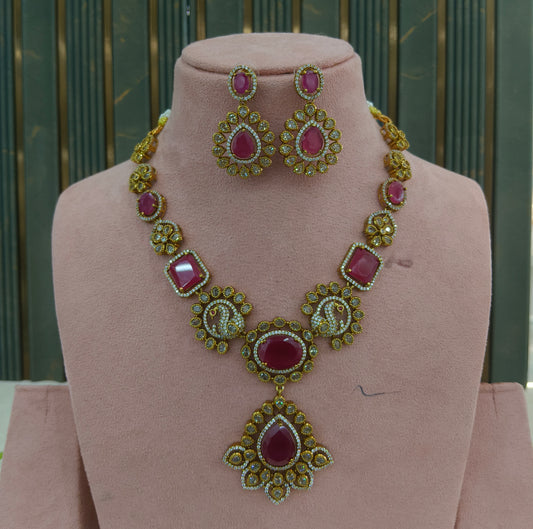 Antique Gold Ruby Cz Necklace Jewellery Usha Set