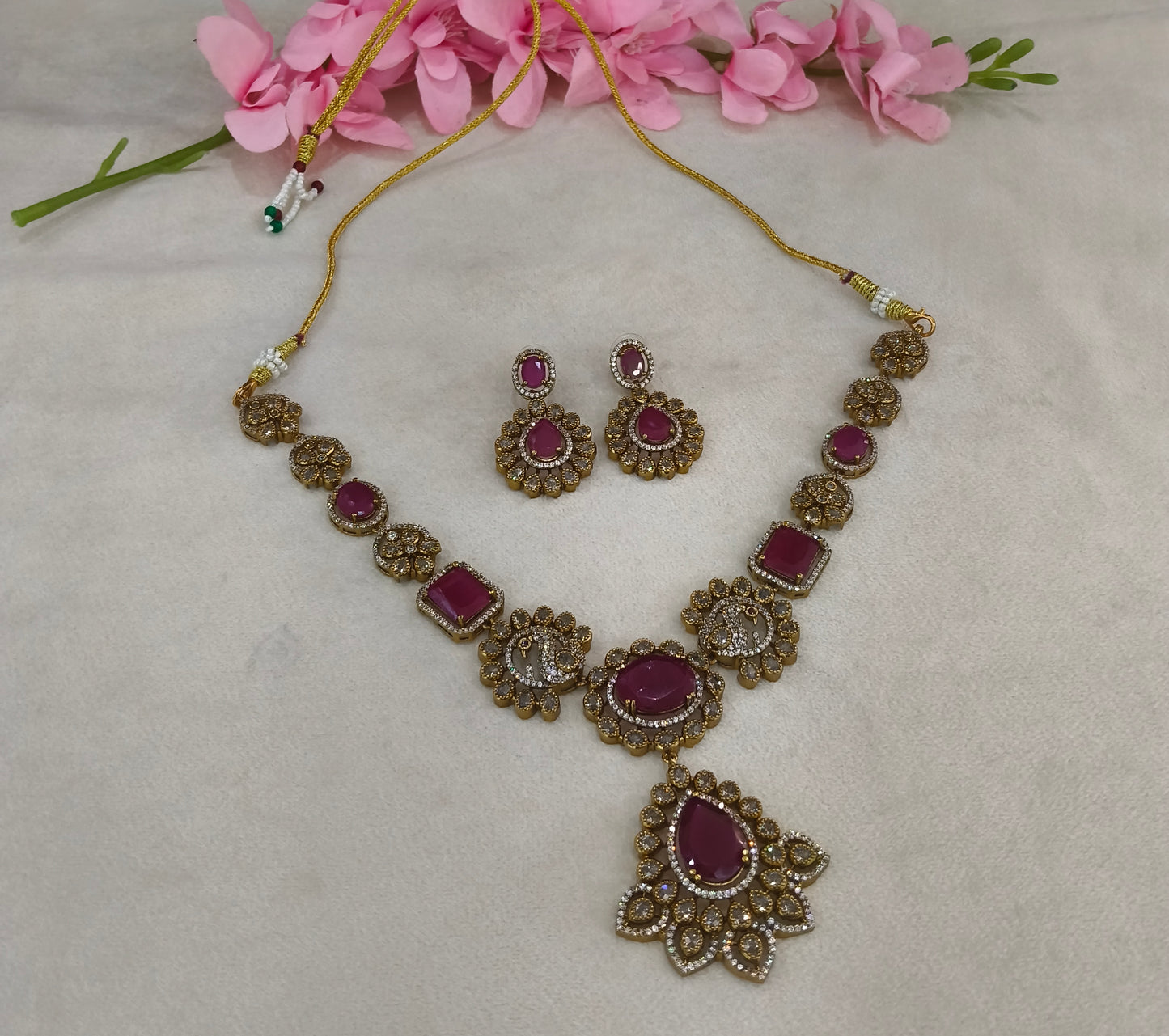 Antique Gold Ruby Cz Necklace Jewellery Usha Set