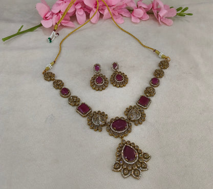 Antique Gold Ruby Cz Necklace Jewellery Usha Set