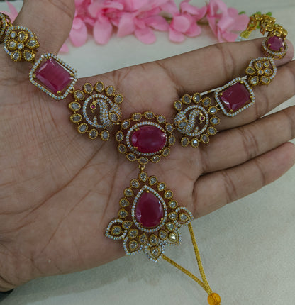 Antique Gold Ruby Cz Necklace Jewellery Usha Set