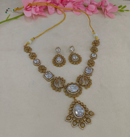 Antique Gold White Cz Necklace Jewellery Usha Set