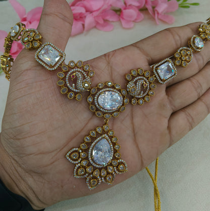 Antique Gold White Cz Necklace Jewellery Usha Set