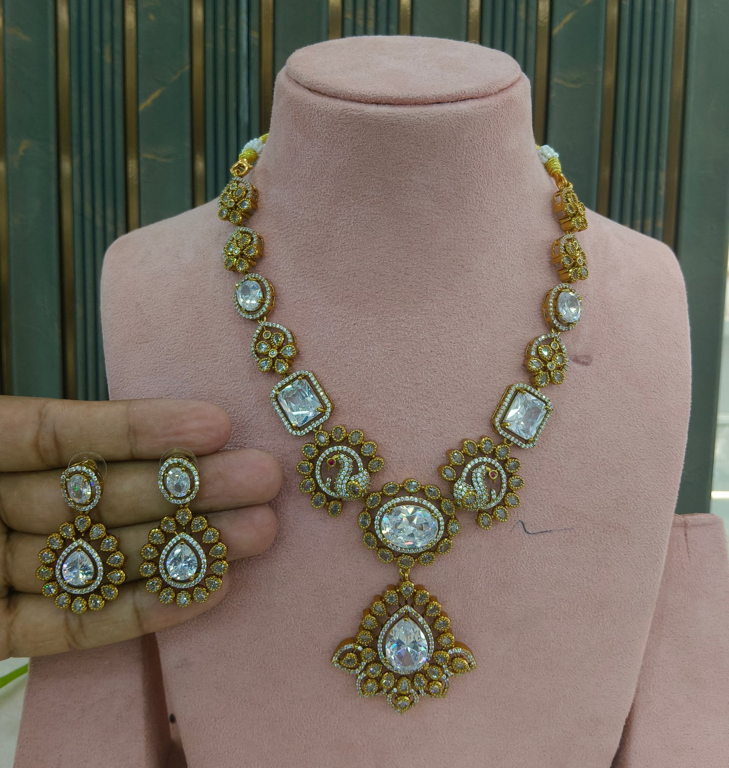 Antique Gold White Cz Necklace Jewellery Usha Set
