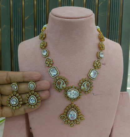 Antique Gold White Cz Necklace Jewellery Usha Set
