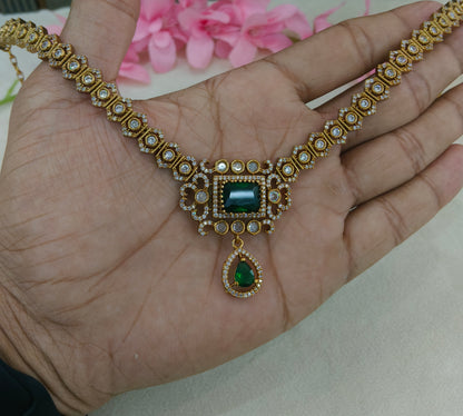 Antique Gold Green Cz Necklace Jewellery Jazi Set