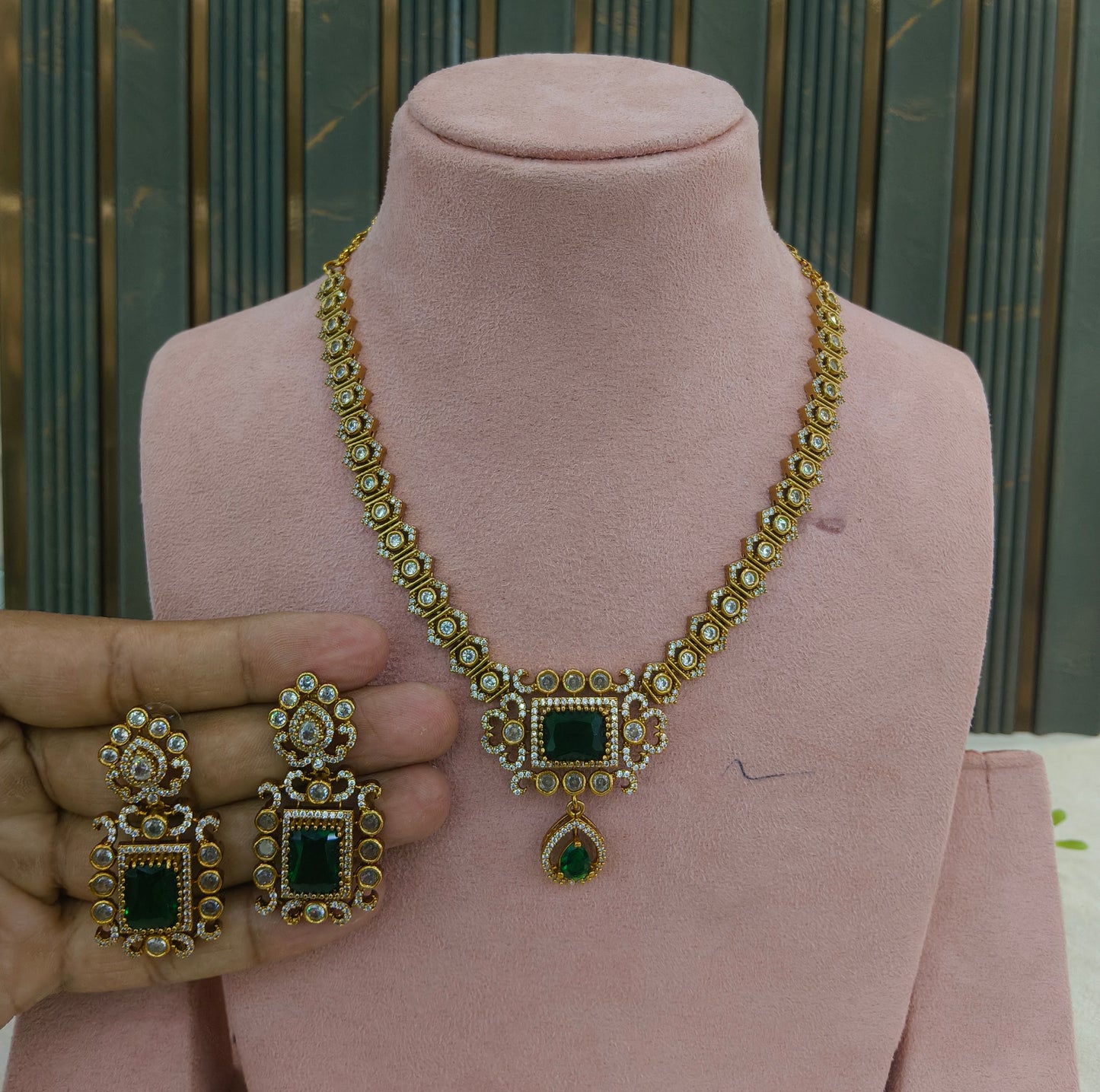 Antique Gold Green Cz Necklace Jewellery Jazi Set