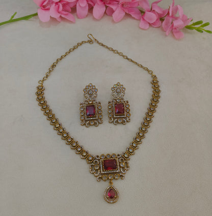 Antique Gold Ruby Cz Necklace Jewellery Jazi Set