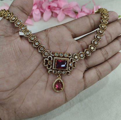 Antique Gold Ruby Cz Necklace Jewellery Jazi Set