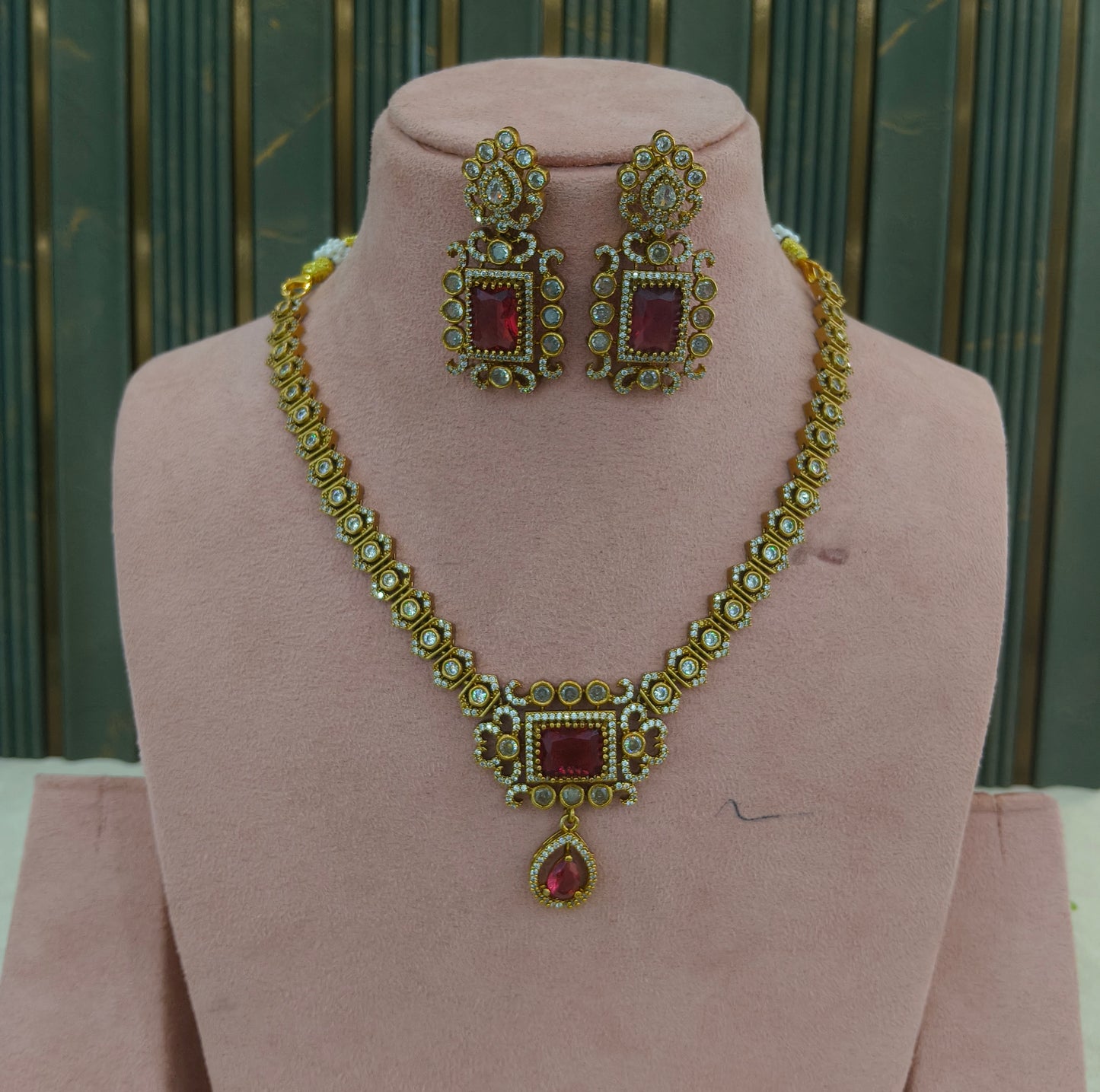 Antique Gold Ruby Cz Necklace Jewellery Jazi Set