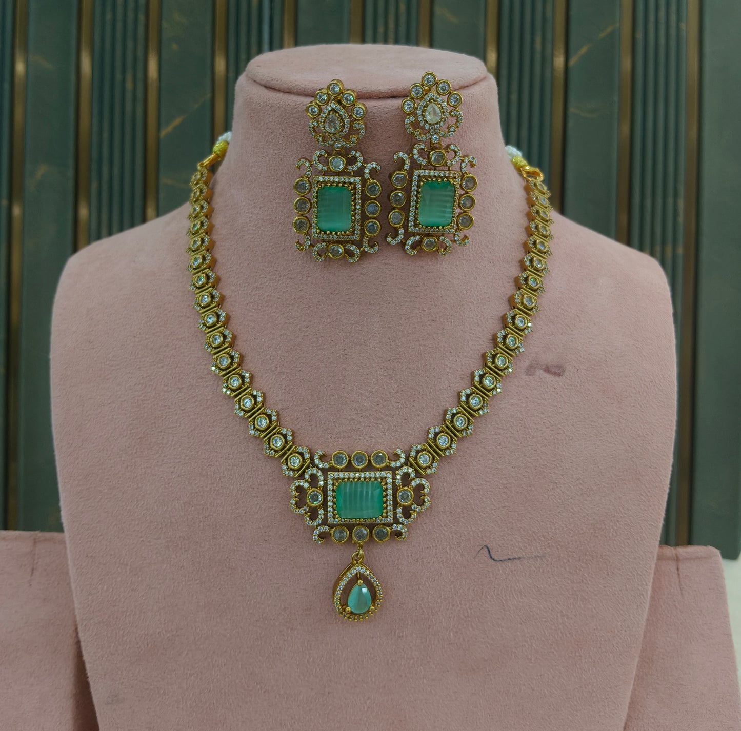 Antique Gold Mint Cz Necklace Jewellery Jazi Set