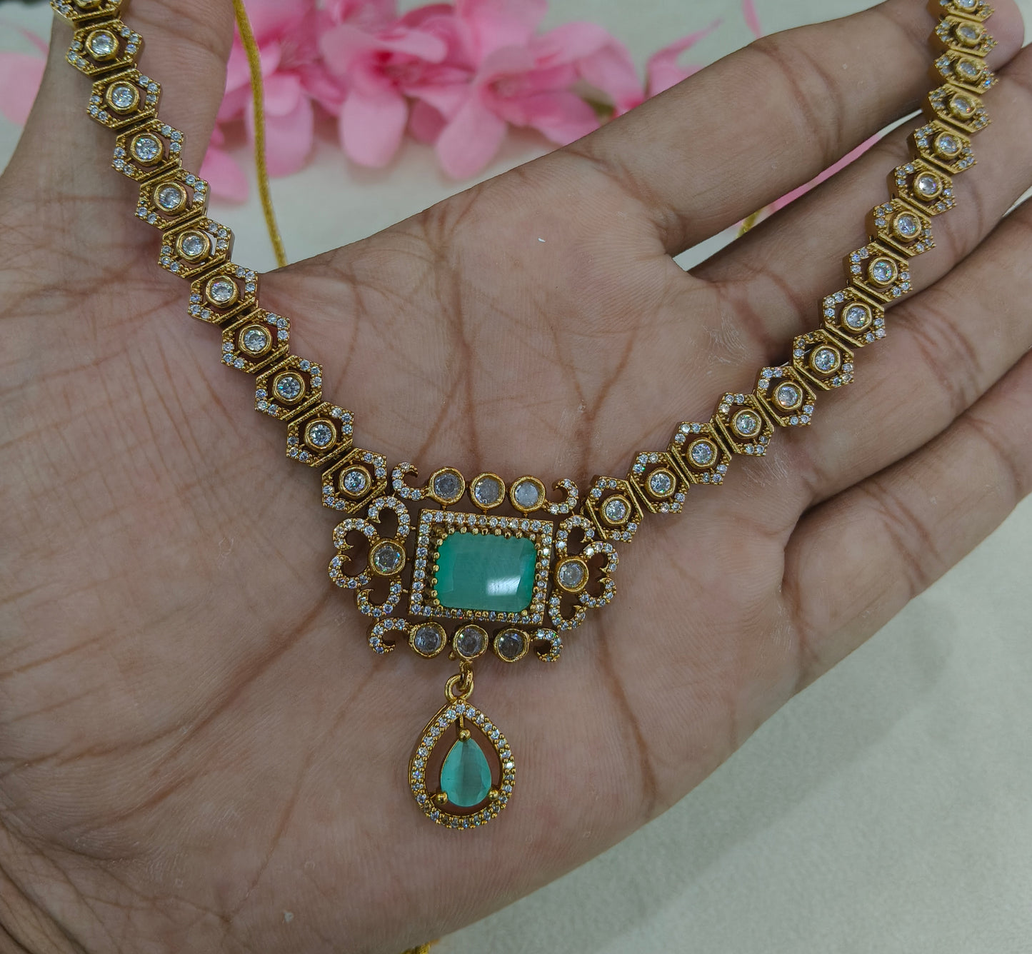 Antique Gold Mint Cz Necklace Jewellery Jazi Set