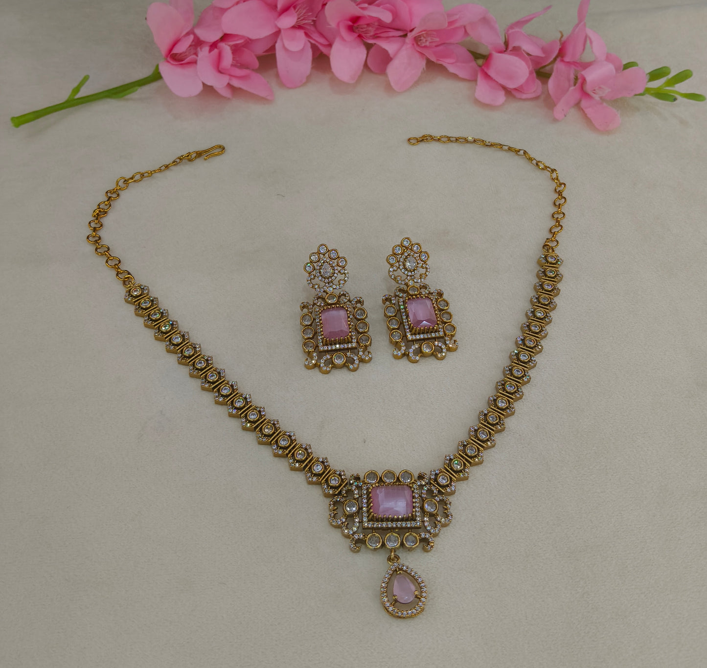 Antique Gold Pink Cz Necklace Jewellery Jazi Set