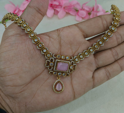 Antique Gold Pink Cz Necklace Jewellery Jazi Set