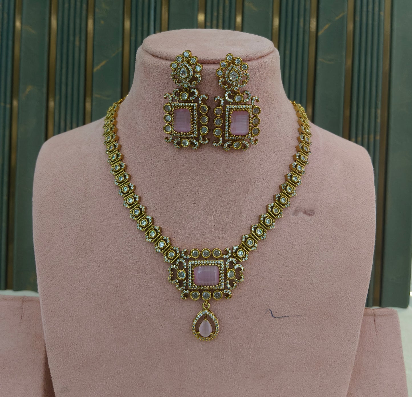 Antique Gold Pink Cz Necklace Jewellery Jazi Set