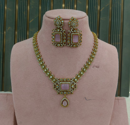 Antique Gold Pink Cz Necklace Jewellery Jazi Set