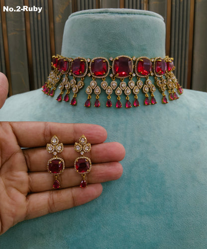 Antique Ruby CZ Stone Choker Jewellery Orika Set