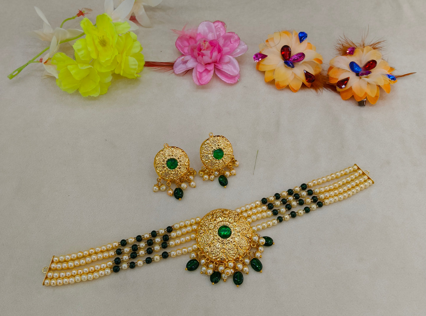 Gold Green Punjabi Choker Jewellery Jerry Set